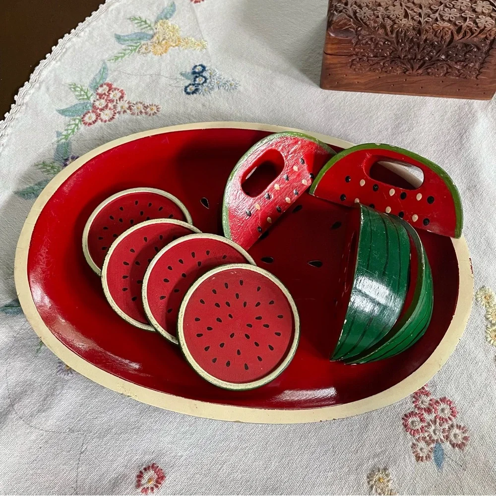 Vintage Wooden Watermelon Cocktail Tray Set. 4 Coasters & 4 Napkin Holders. 14